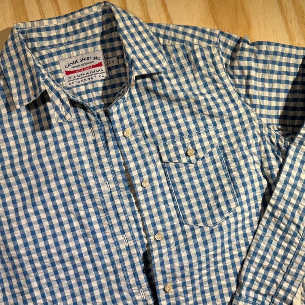 Guideboat Co Canoe Shirting Mens Small Blue Gingham Seersucker Button Down Shirt